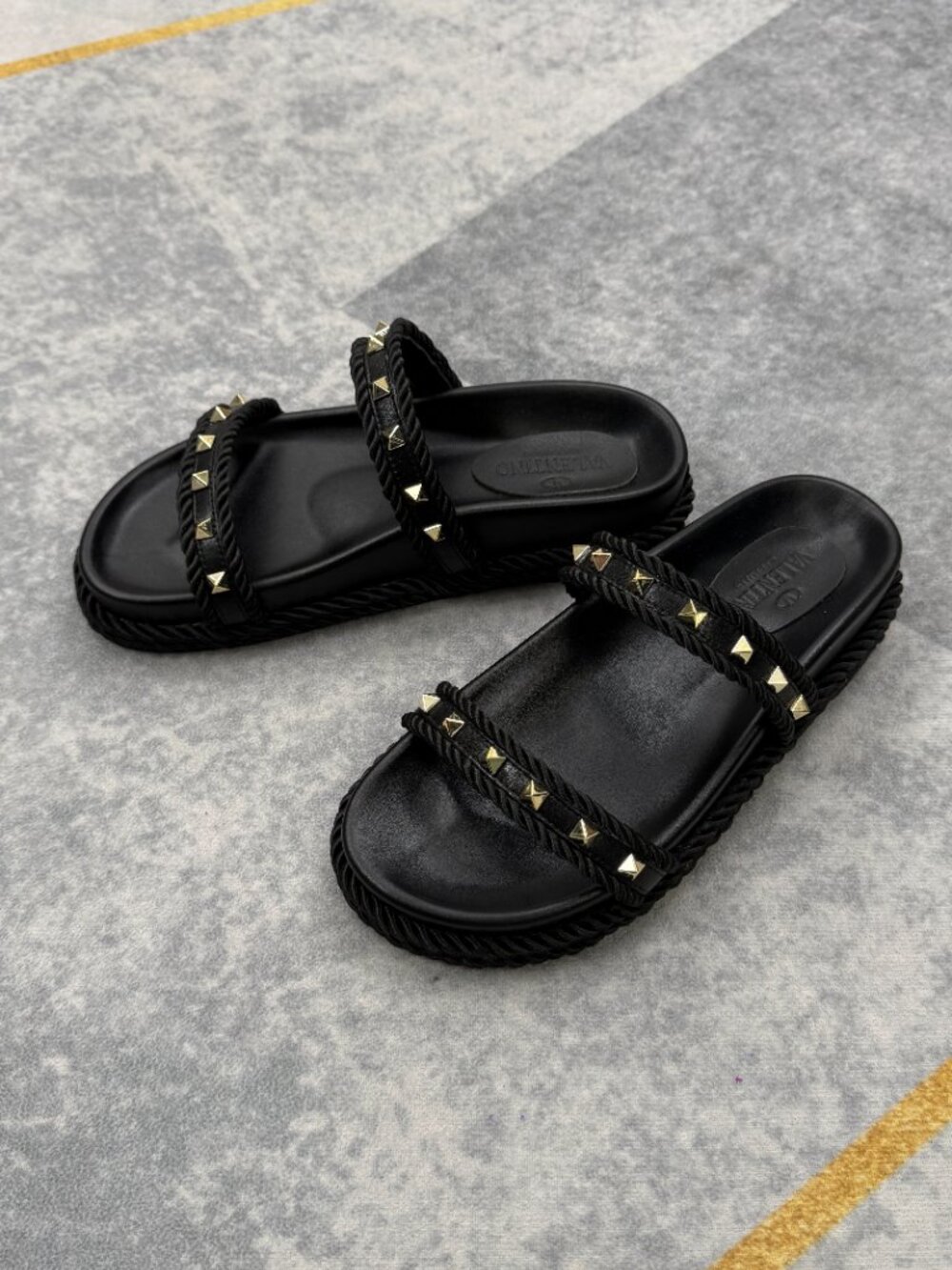 Women's Black Studded Slide Sandals, Gold Pyramid Stud Flat Sandals - Picture 4 of 11